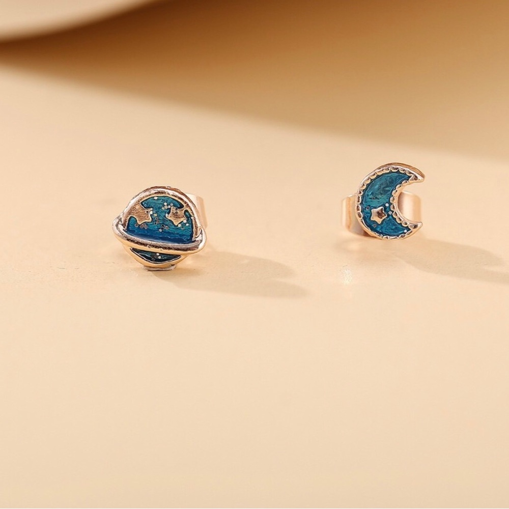 Planet & Moon Stud Earrings